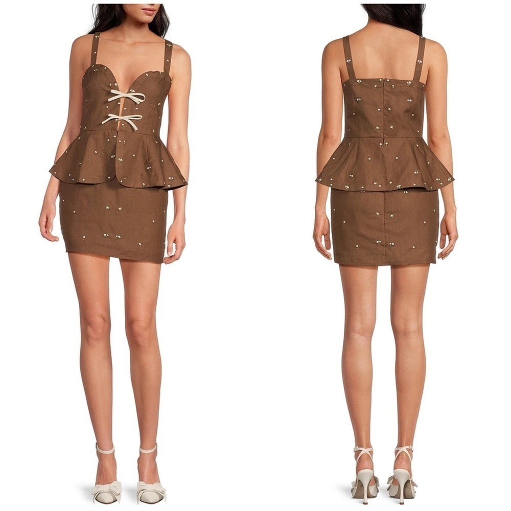 New Fanm Mon Helaina Floral Embroidered Bow Sweetheart Mini Dress🤎Small NWT!